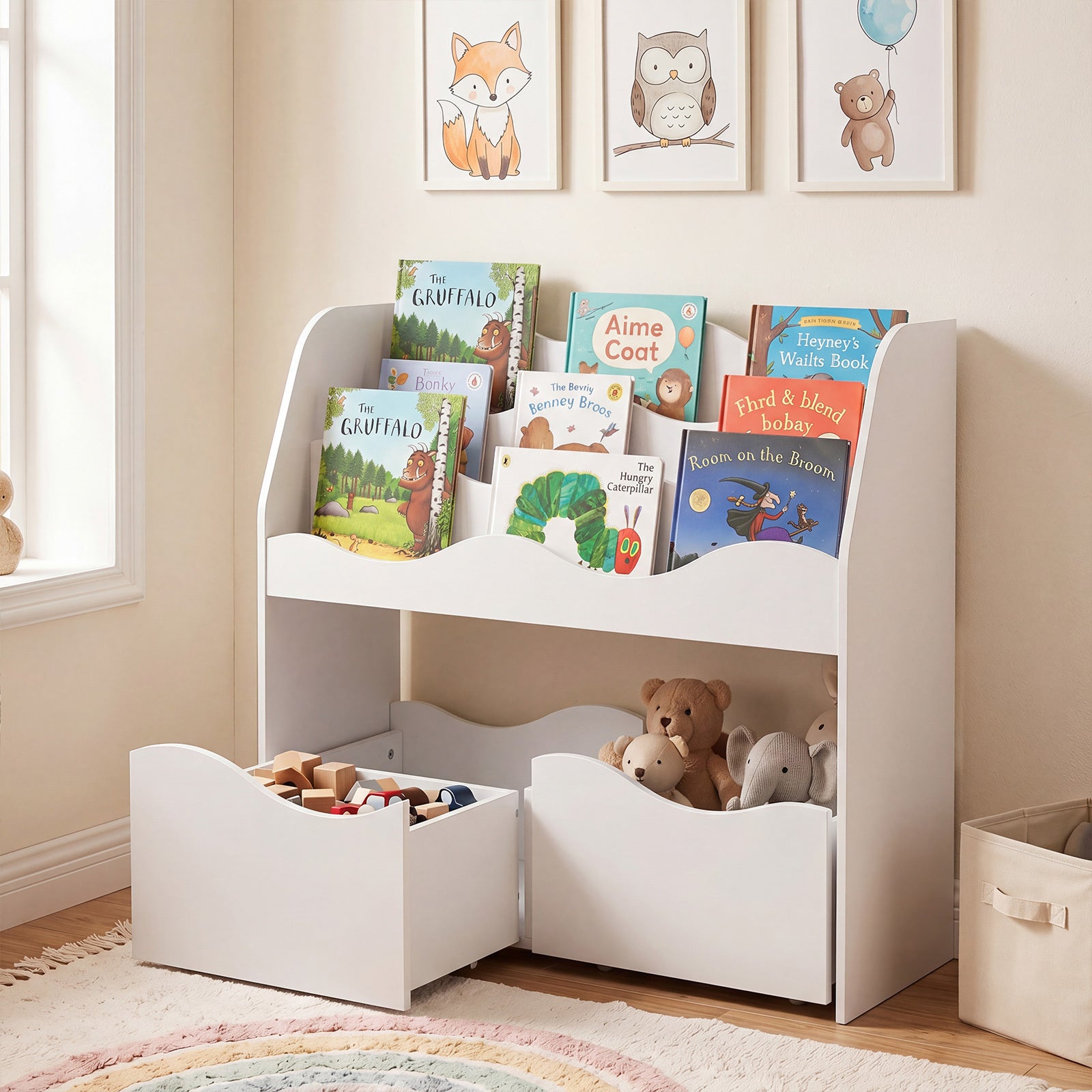 Costway 3-Tier Wooden Bookcase Kids Toy Storage Organizer for Playroom-White