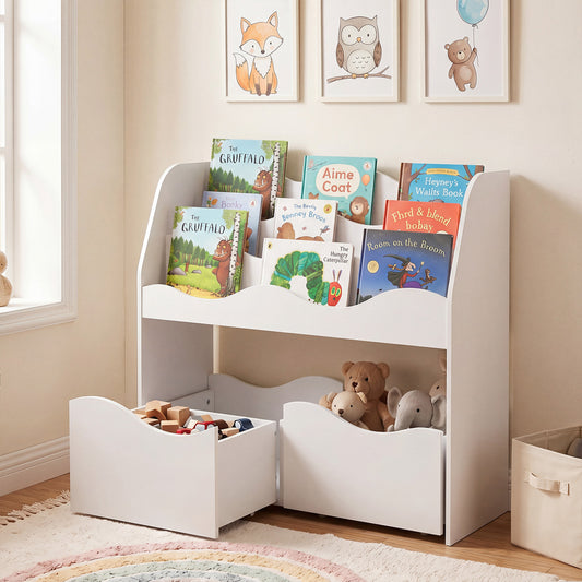Costway 3-Tier Wooden Bookcase Kids Toy Storage Organizer for Playroom-White