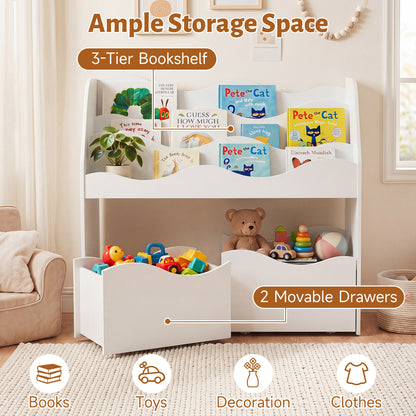 3 Tier White Wooden Bookcase | Kids Toy Storage Organizer