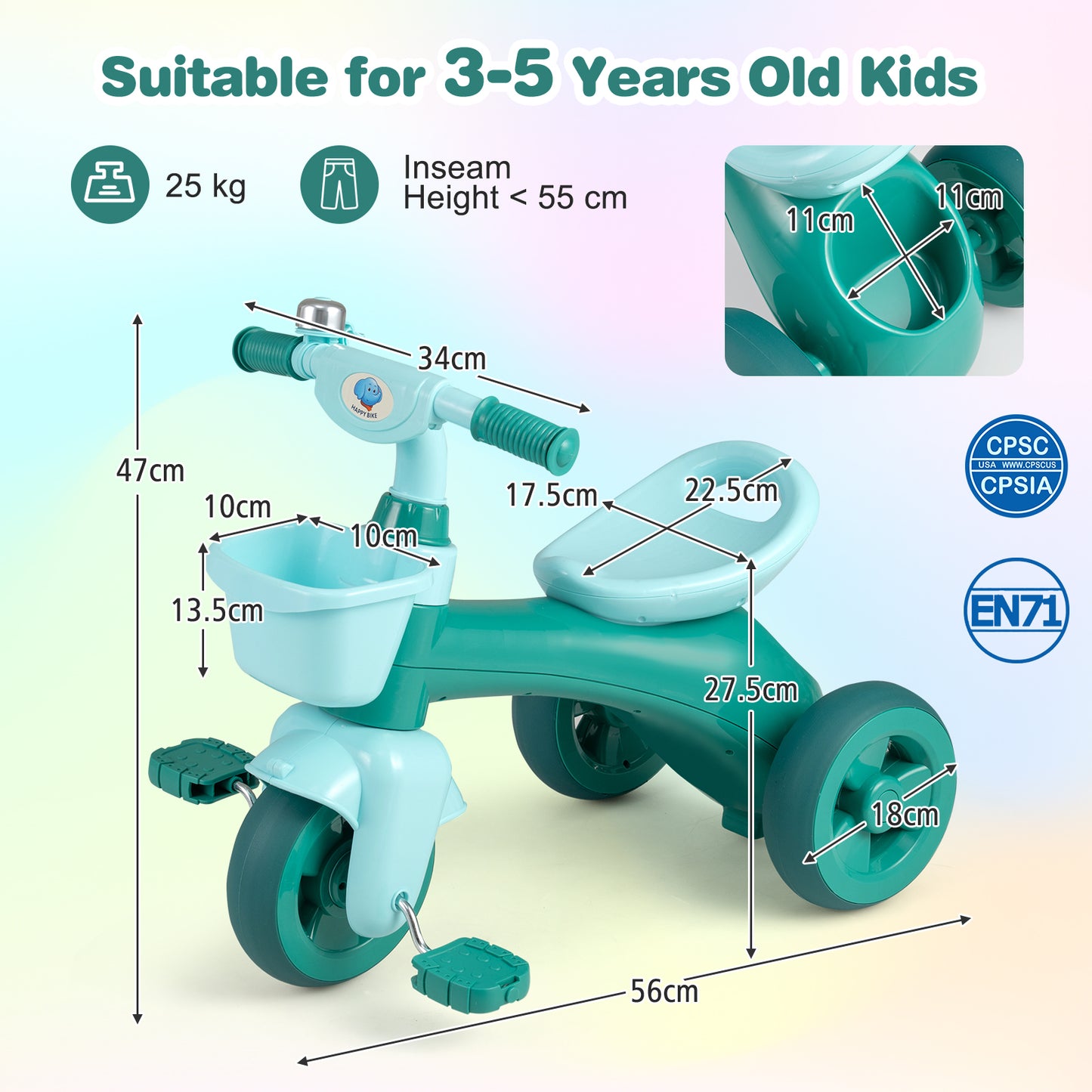 Green 3 Wheel Balance Bike | Ergonomic Seat & Storage Basket