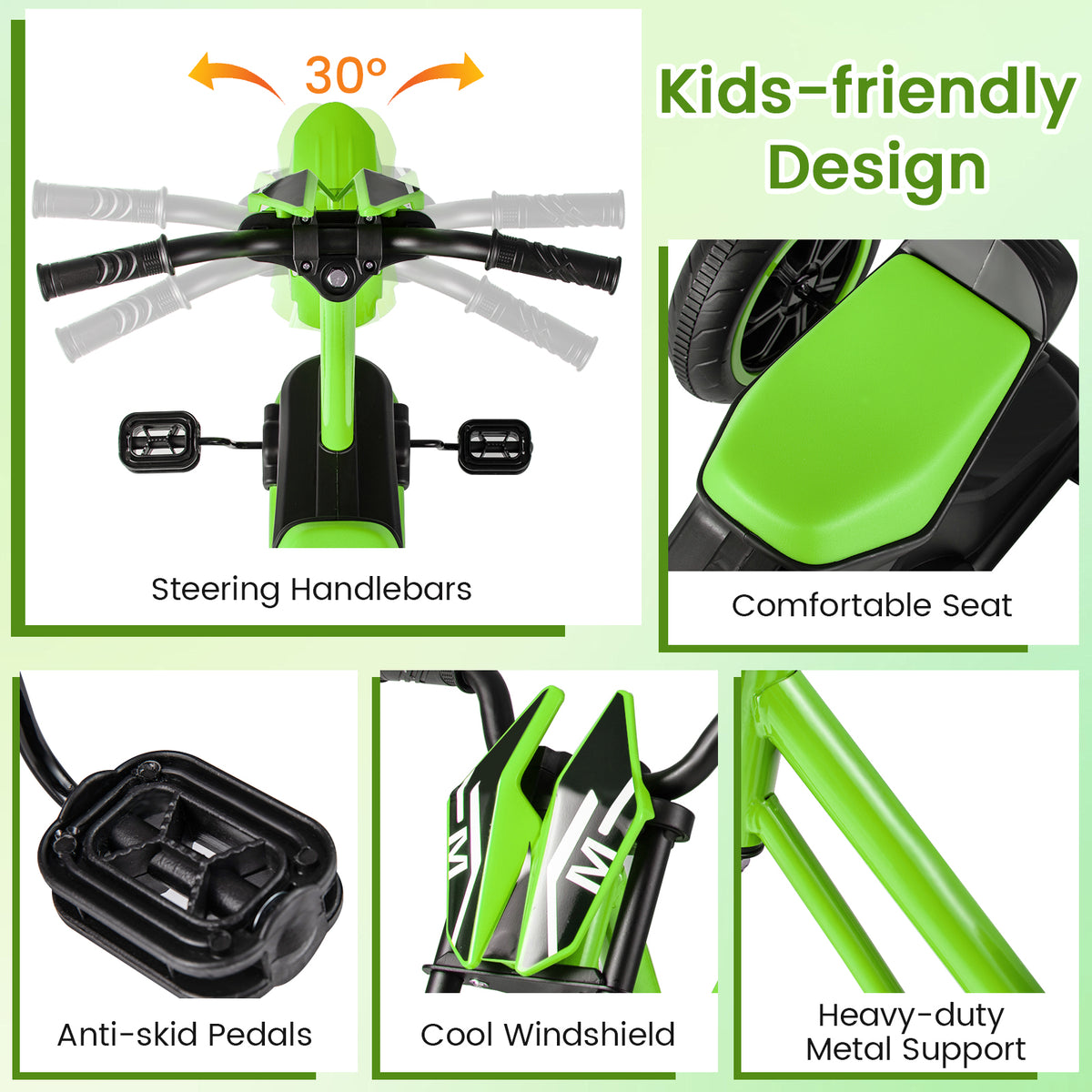 Green 3-Wheel Kids Tricycle | Non-Slip Pedals & Handlebars