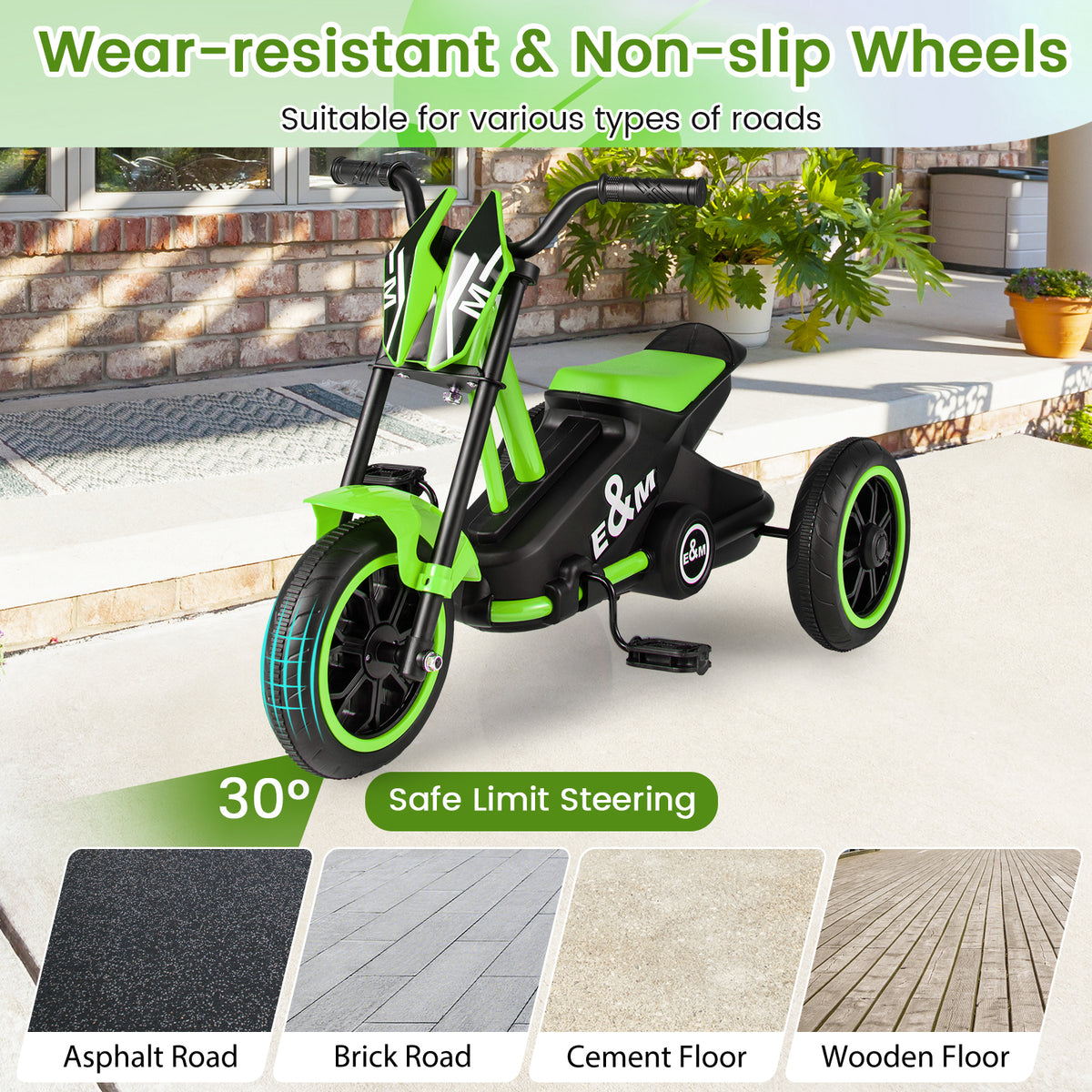 Green 3-Wheel Kids Tricycle | Non-Slip Pedals & Handlebars