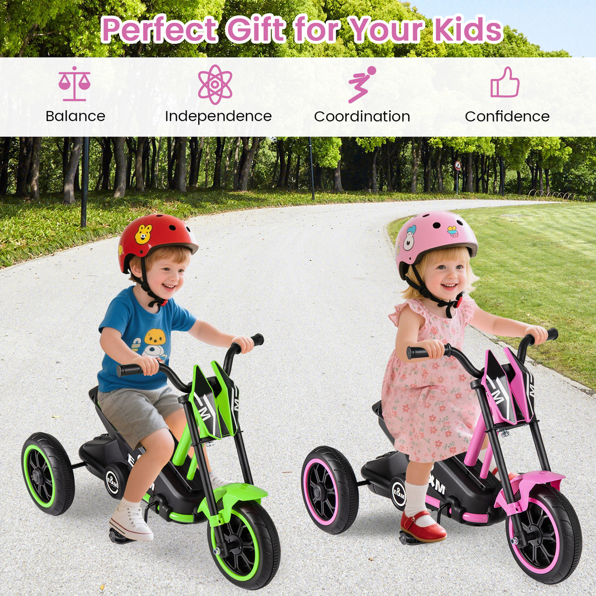 Pink Kids Tricycle | 3 Wheels Non-Slip Pedals Stable Wide Base
