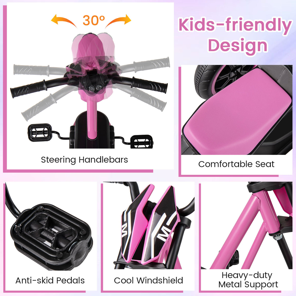 Pink Kids Tricycle | 3 Wheels Non-Slip Pedals Stable Wide Base