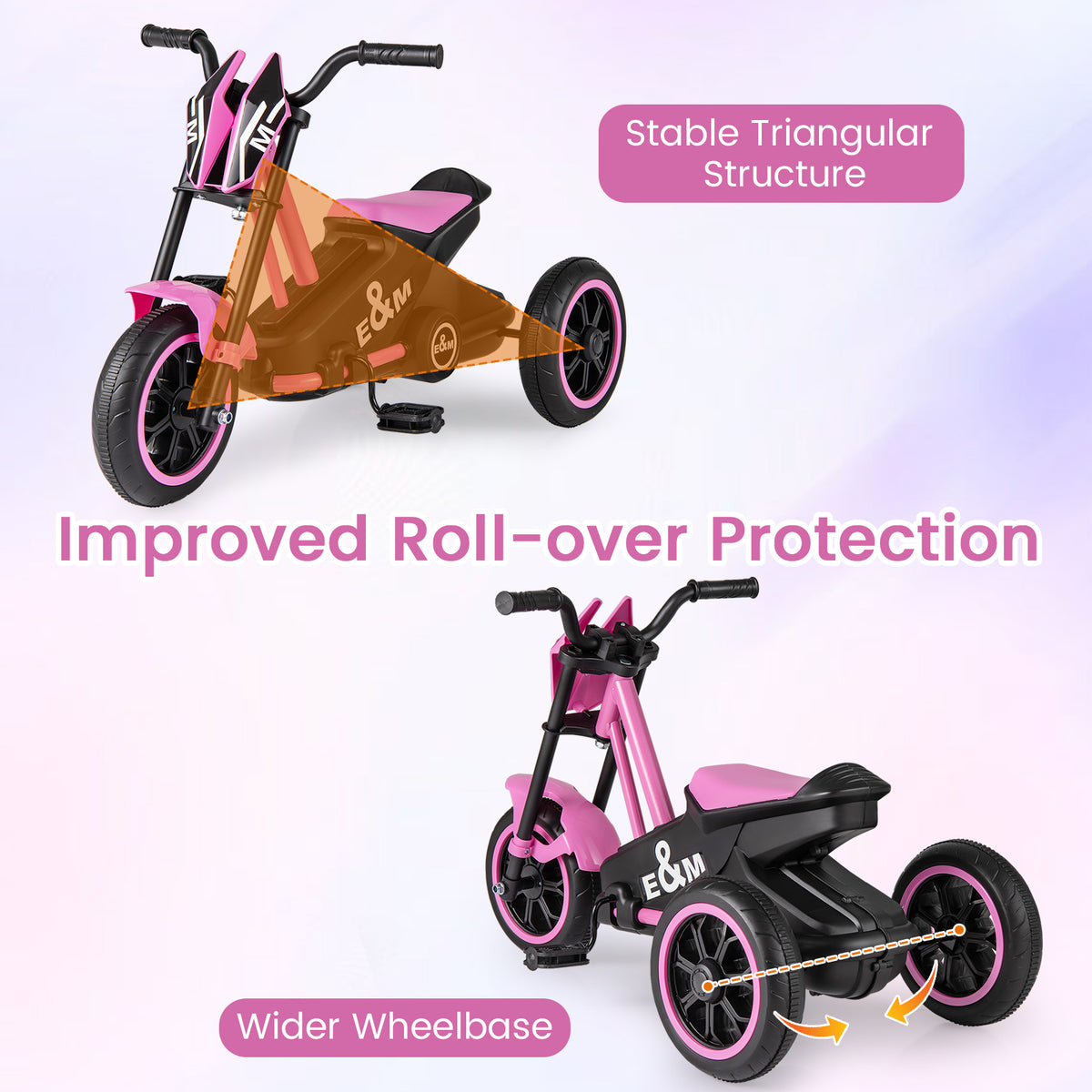 Pink Kids Tricycle | 3 Wheels Non-Slip Pedals Stable Wide Base