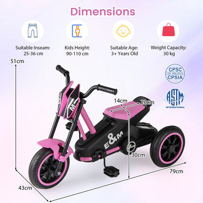 Pink Kids Tricycle | 3 Wheels Non-Slip Pedals Stable Wide Base