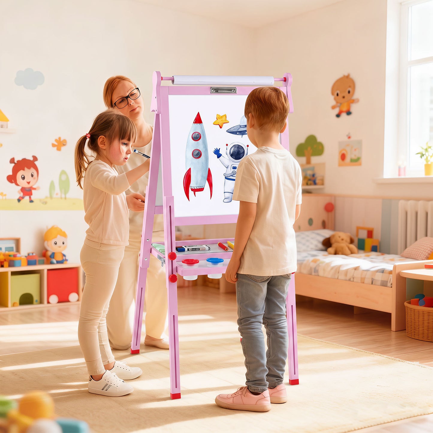 Costway 3-in-1 Easel for Kids Double Sided with Paper Roll and Adjustable Height-Pink