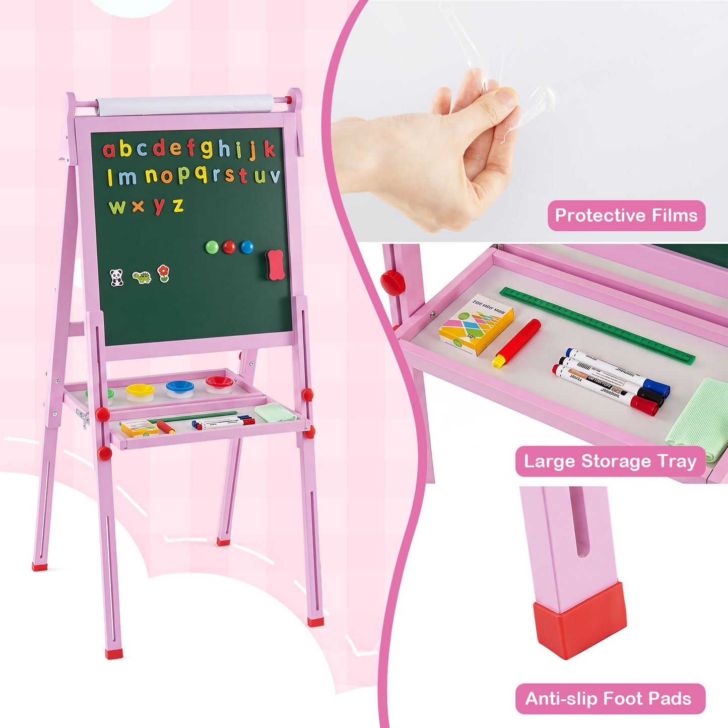 Pink 3-in-1 Kids Art Easel | Adjustable Height & Double Sided