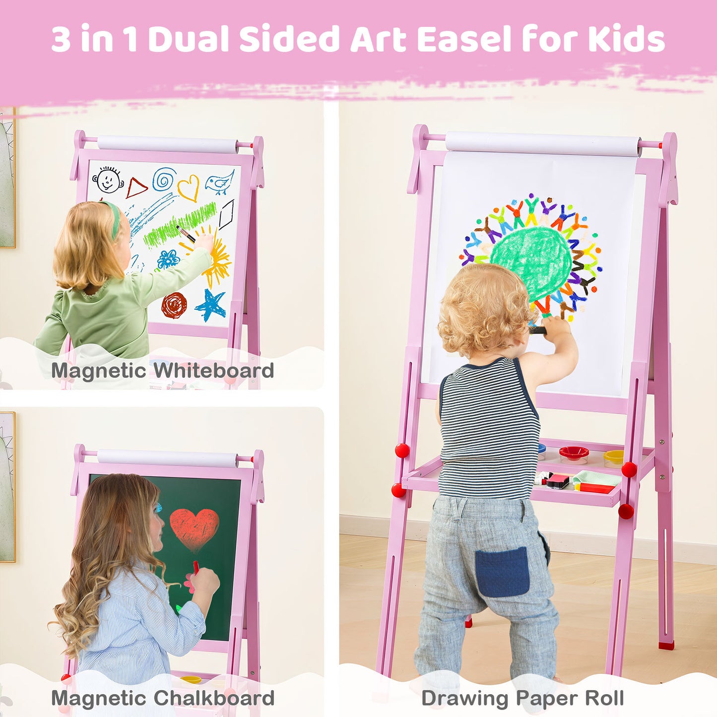 Pink 3-in-1 Kids Art Easel | Adjustable Height & Double Sided