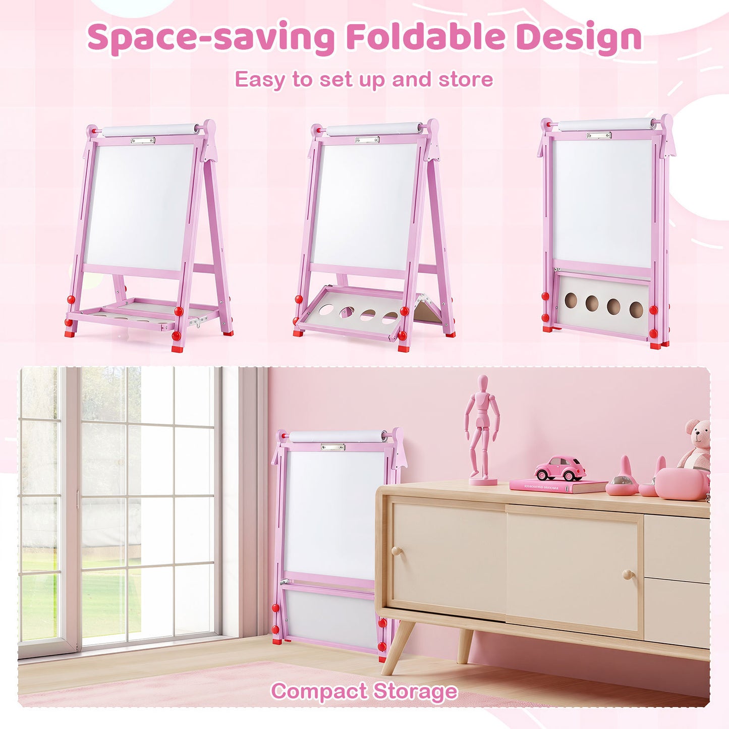 Pink 3-in-1 Kids Art Easel | Adjustable Height & Double Sided