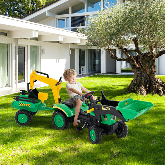 3-in-1 Kids Ride On Excavator with 6 Wheels and Detachable Trailer for 3-6-Green