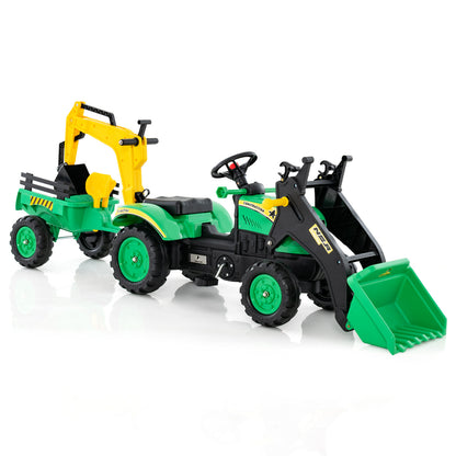 Green 3-in-1 Kids Ride-On Excavator | 6 Wheels & Trailer
