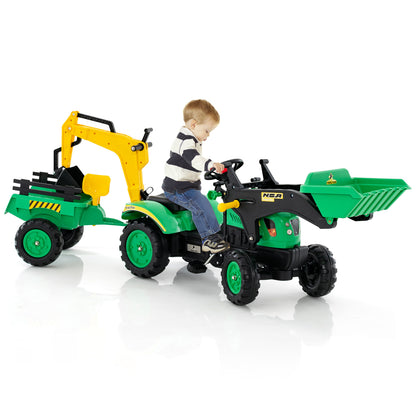 Green 3-in-1 Kids Ride-On Excavator | 6 Wheels & Trailer