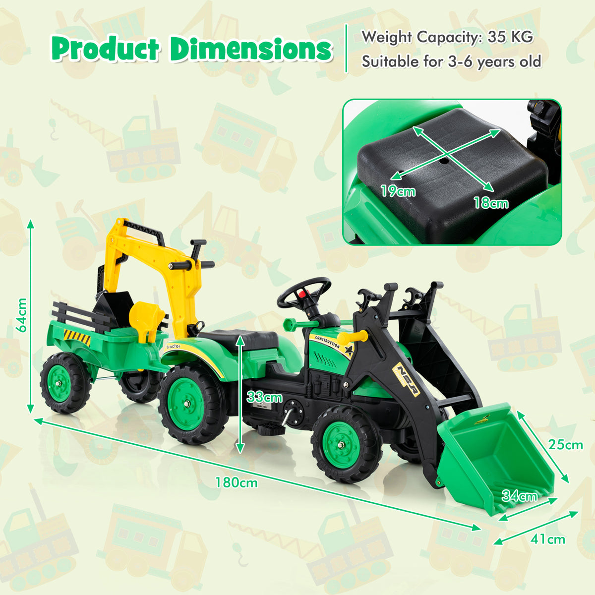 Green 3-in-1 Kids Ride-On Excavator | 6 Wheels & Trailer