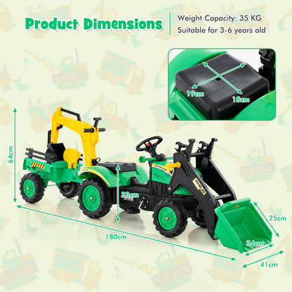 Green 3-in-1 Kids Ride-On Excavator | 6 Wheels & Trailer