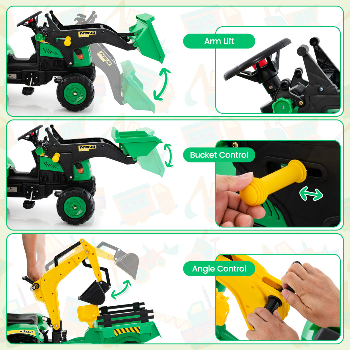Green 3-in-1 Kids Ride-On Excavator | 6 Wheels & Trailer