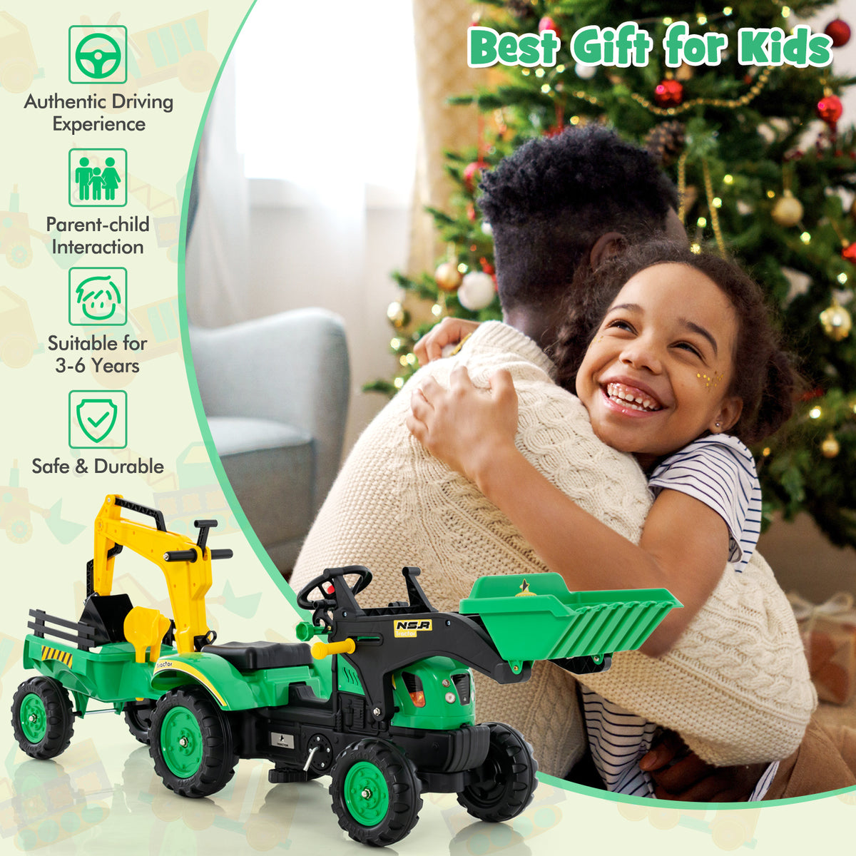 Green 3-in-1 Kids Ride-On Excavator | 6 Wheels & Trailer
