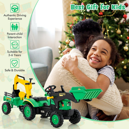 Green 3-in-1 Kids Ride-On Excavator | 6 Wheels & Trailer