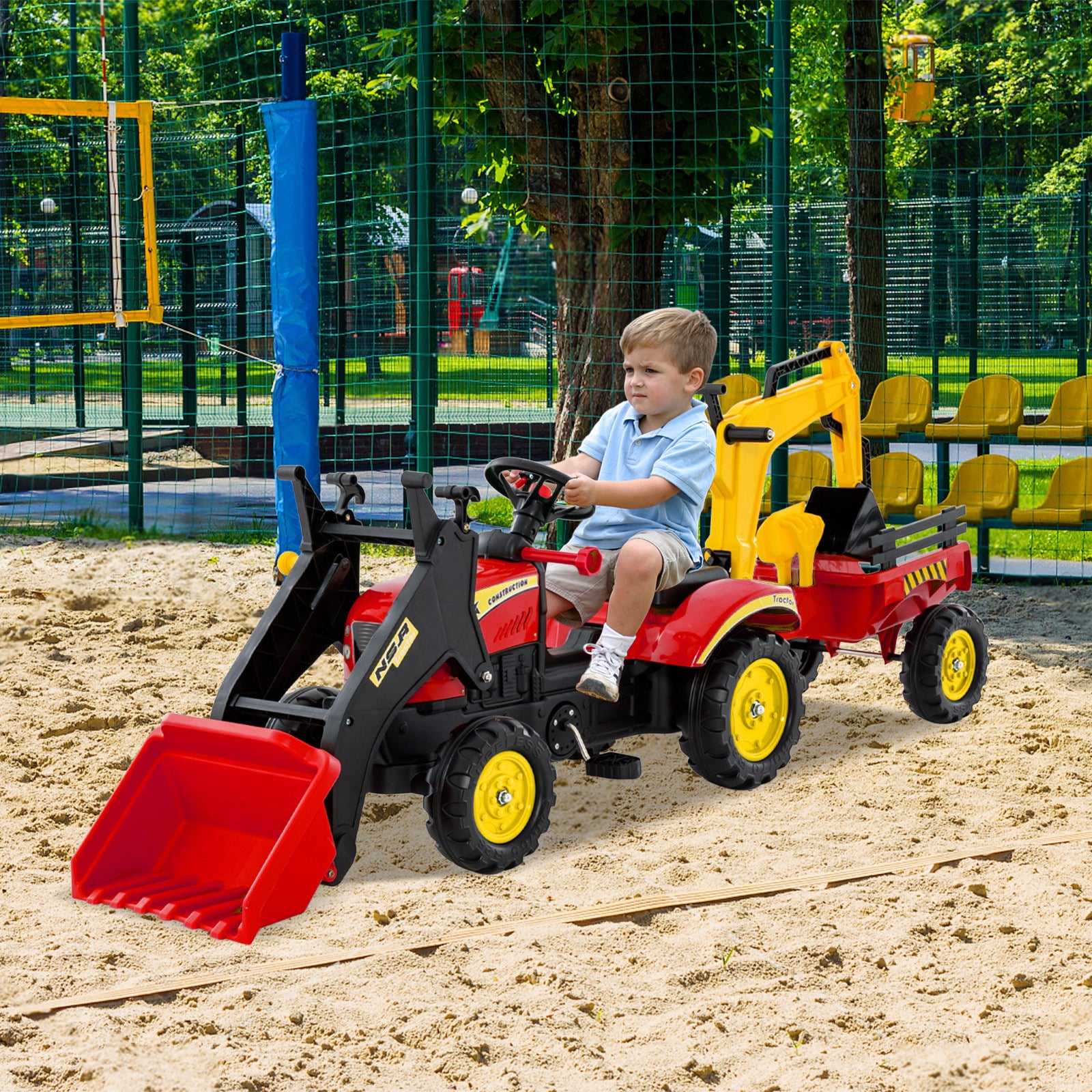 Costway 3-in-1 Kids Ride On Excavator with 6 Wheels and Detachable Trailer for 3-6-Red