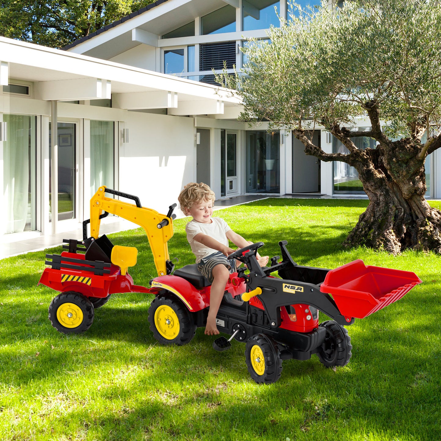 Red 3 In 1 Kids Ride On Excavator | 6 Wheels & Trailer