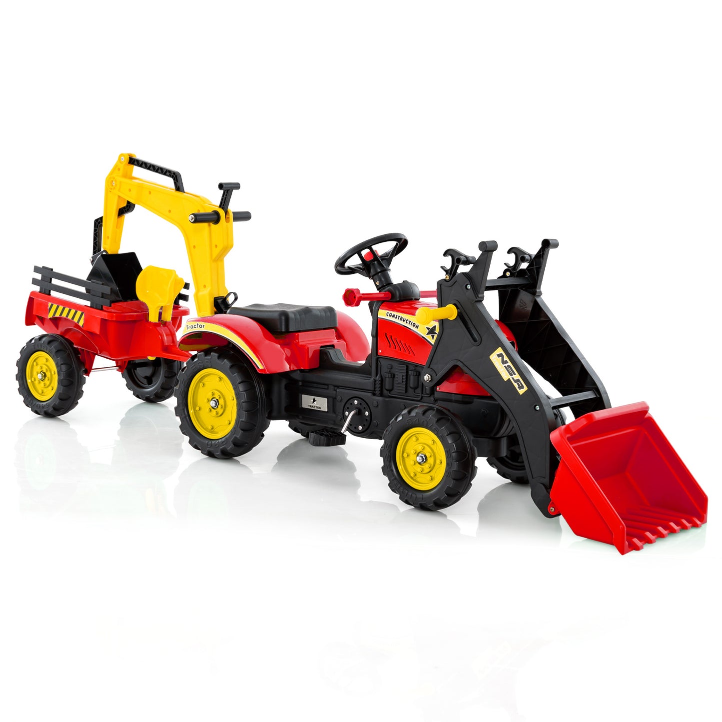Red 3 In 1 Kids Ride On Excavator | 6 Wheels & Trailer