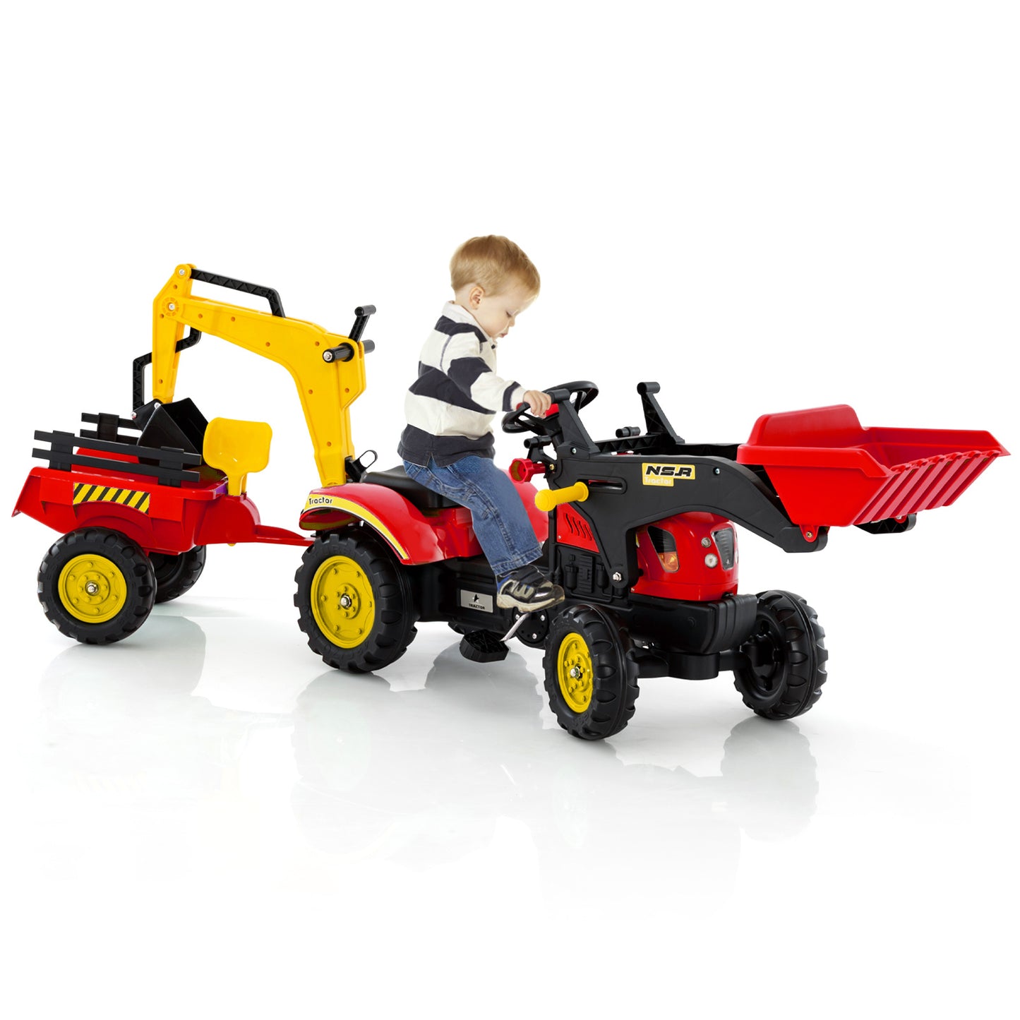 Red 3 In 1 Kids Ride On Excavator | 6 Wheels & Trailer