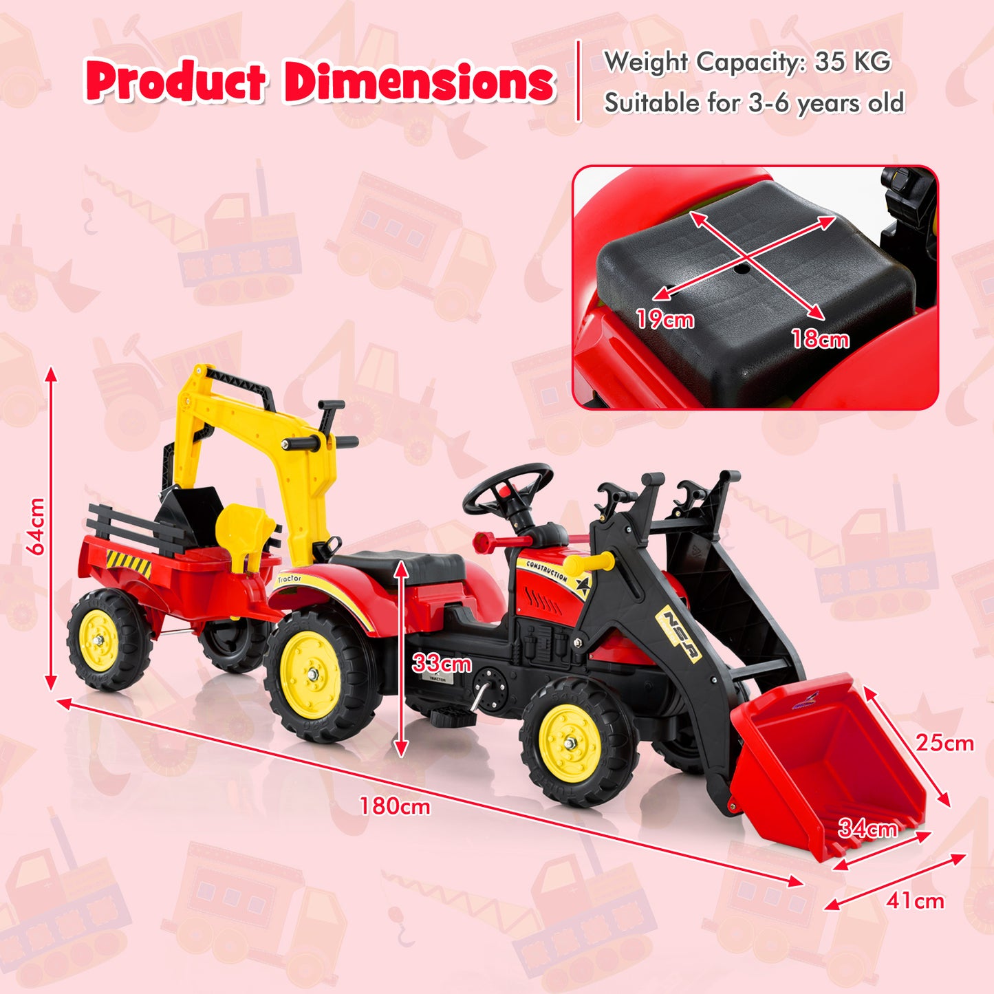 Red 3 In 1 Kids Ride On Excavator | 6 Wheels & Trailer