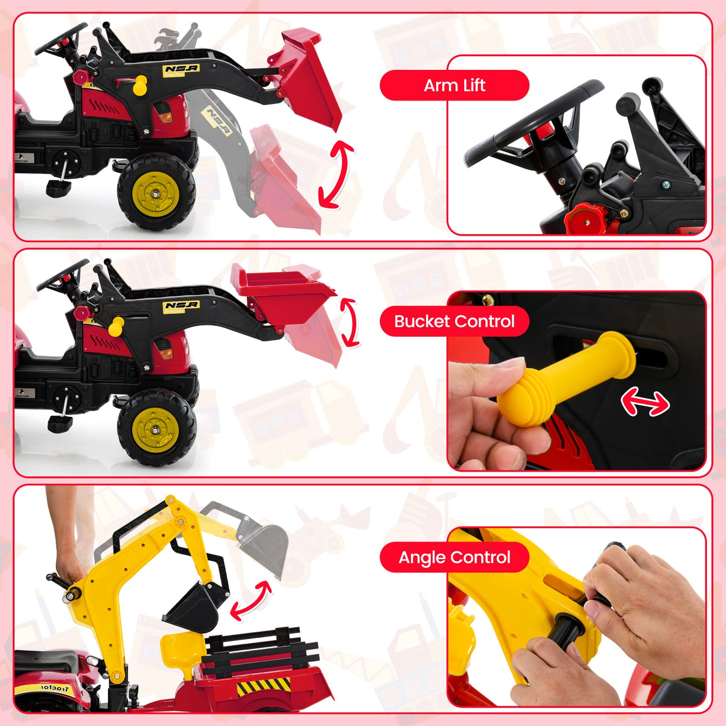 Red 3 In 1 Kids Ride On Excavator | 6 Wheels & Trailer