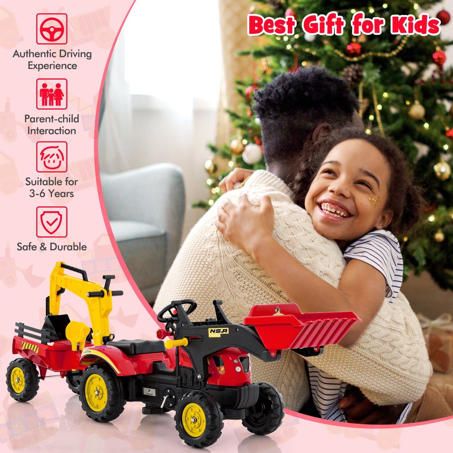 Red 3 In 1 Kids Ride On Excavator | 6 Wheels & Trailer
