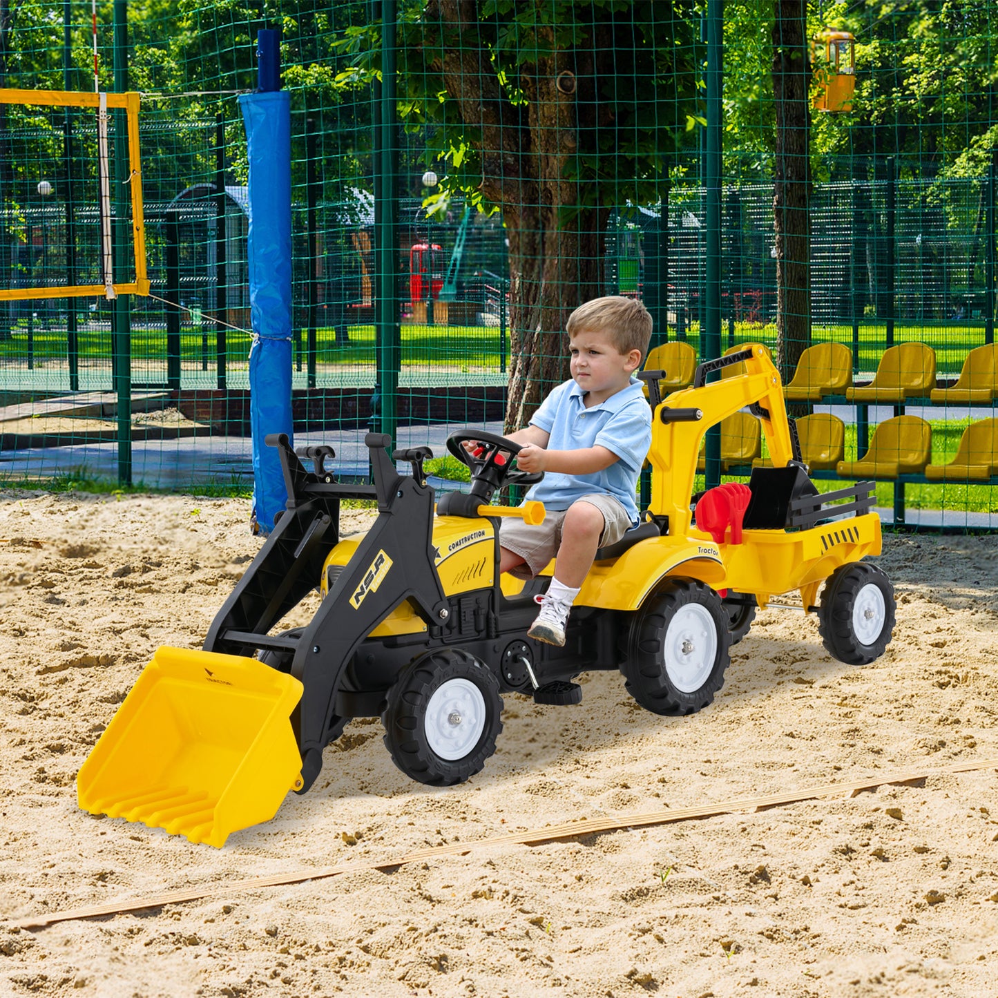 Costway 3-in-1 Kids Ride On Excavator with 6 Wheels and Detachable Trailer for 3-6-Yellow