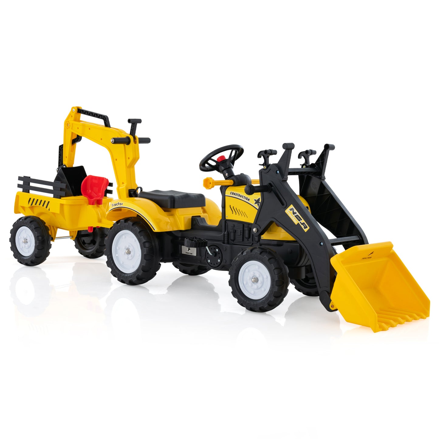 Yellow 3-In-1 Kids Ride-On Excavator | 6 Wheels & Trailer