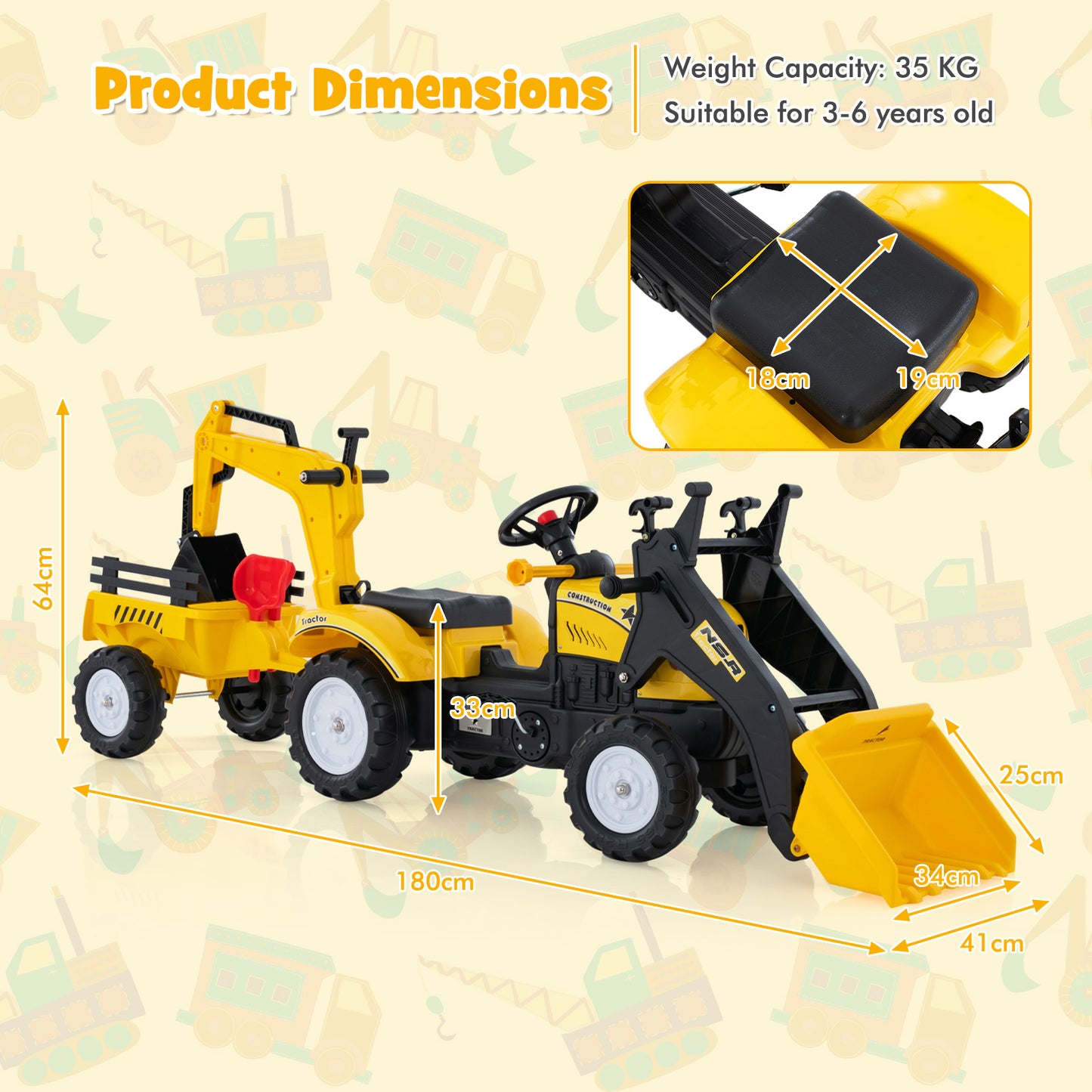 Yellow 3-In-1 Kids Ride-On Excavator | 6 Wheels & Trailer
