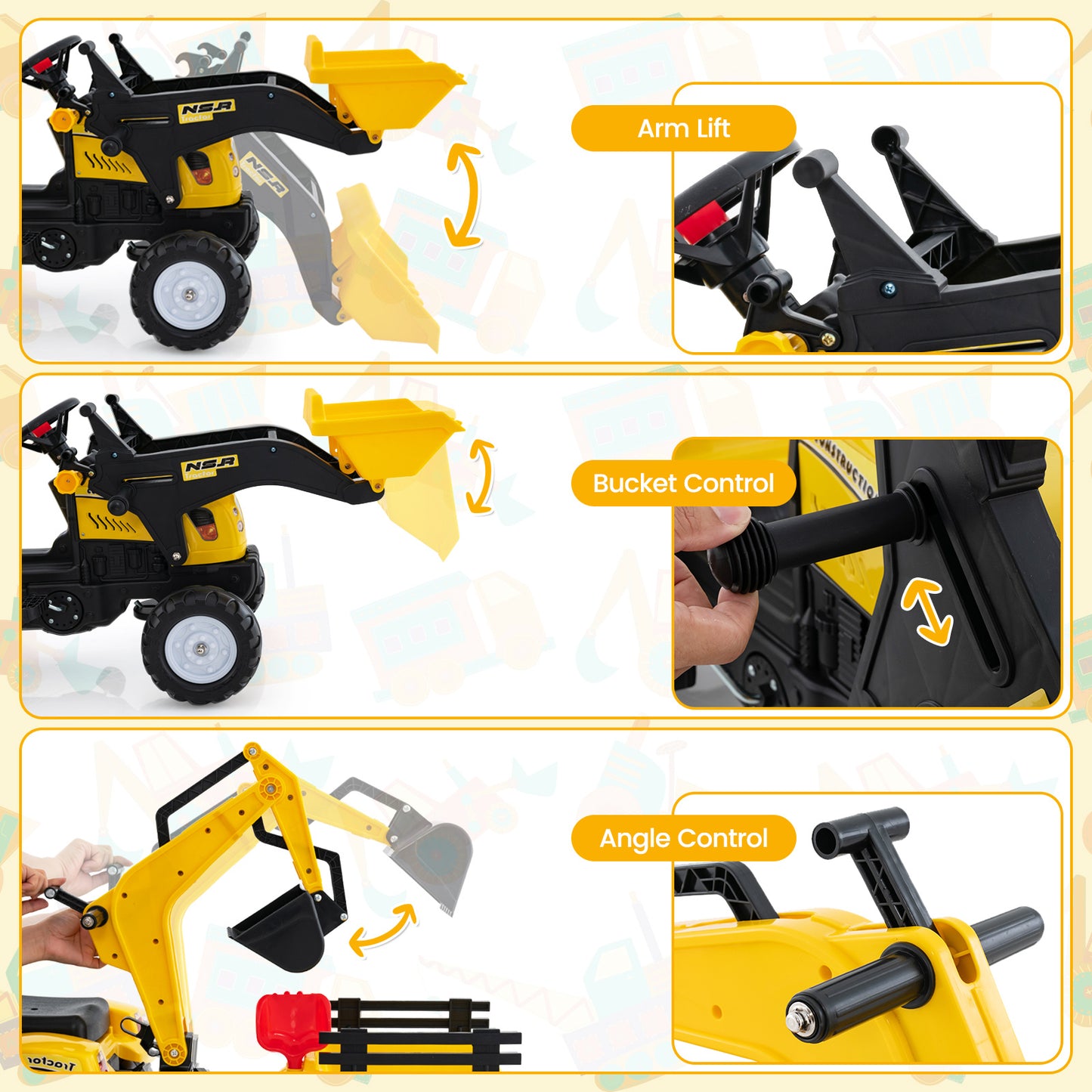 Yellow 3-In-1 Kids Ride-On Excavator | 6 Wheels & Trailer
