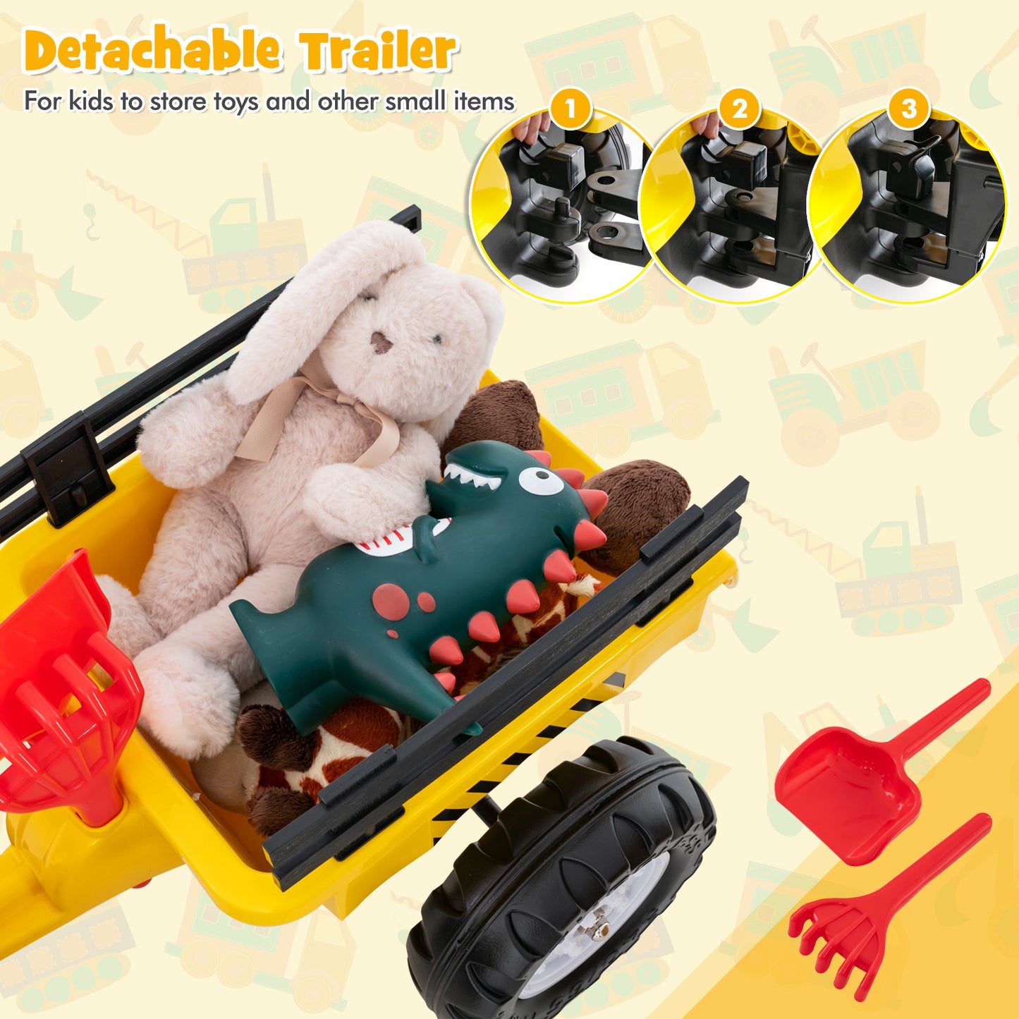 Yellow 3-In-1 Kids Ride-On Excavator | 6 Wheels & Trailer