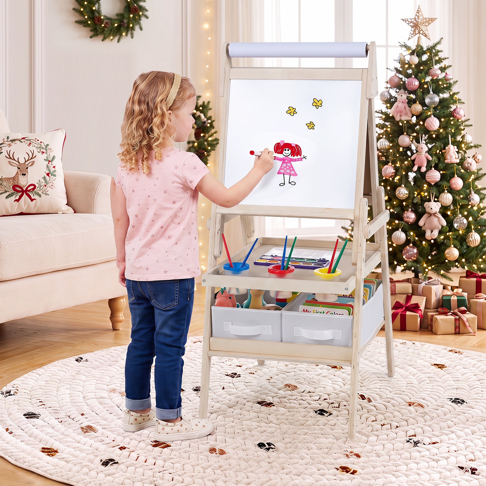 Costway 3-in-1 Kids Standing Double-sided Easel with Magnetic Chalkboard and Whiteboard-Natural