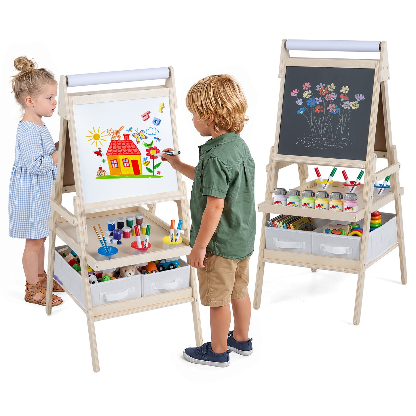3 In 1 Kids Double Sided Easel | Chalkboard & Whiteboard Natural