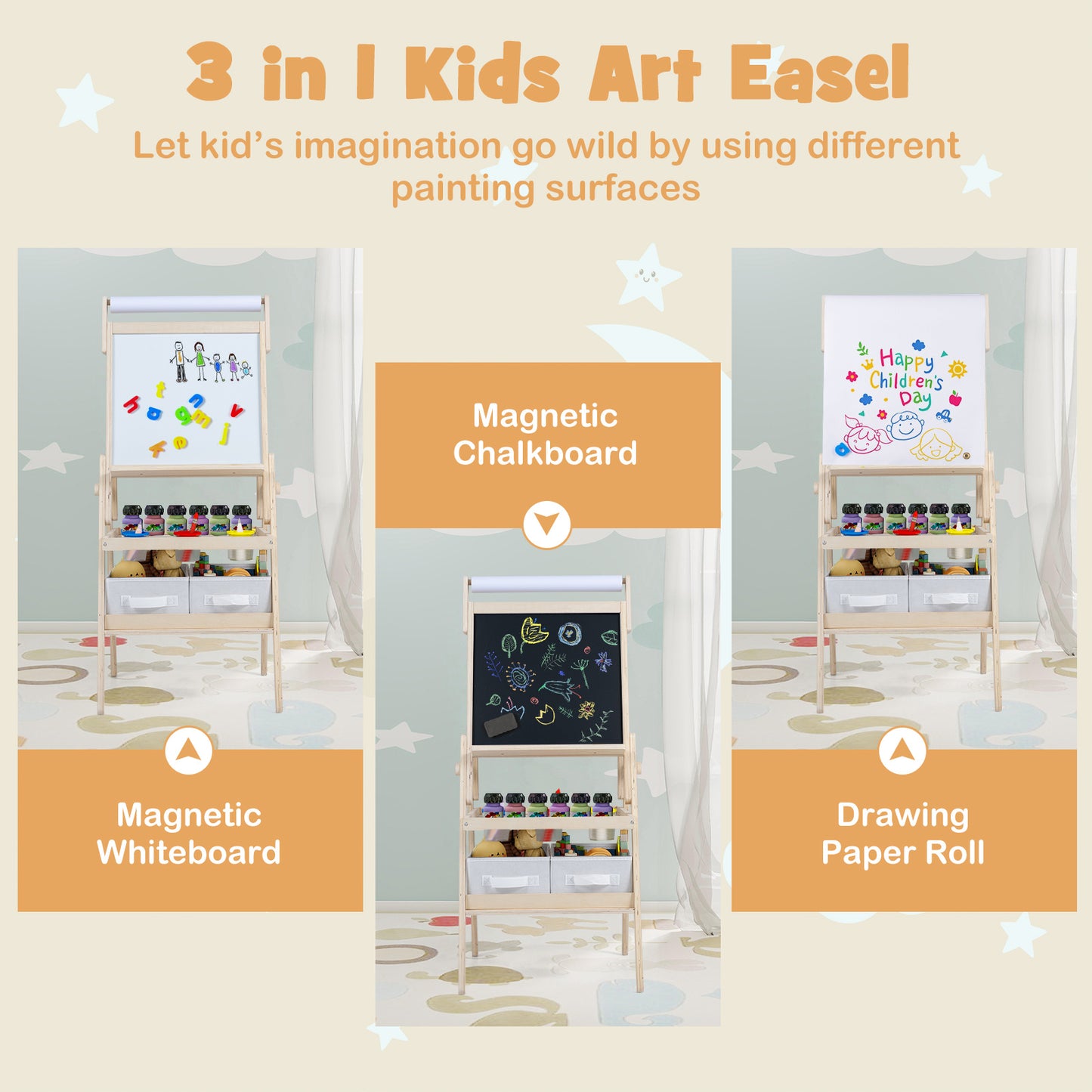 3 In 1 Kids Double Sided Easel | Chalkboard & Whiteboard Natural