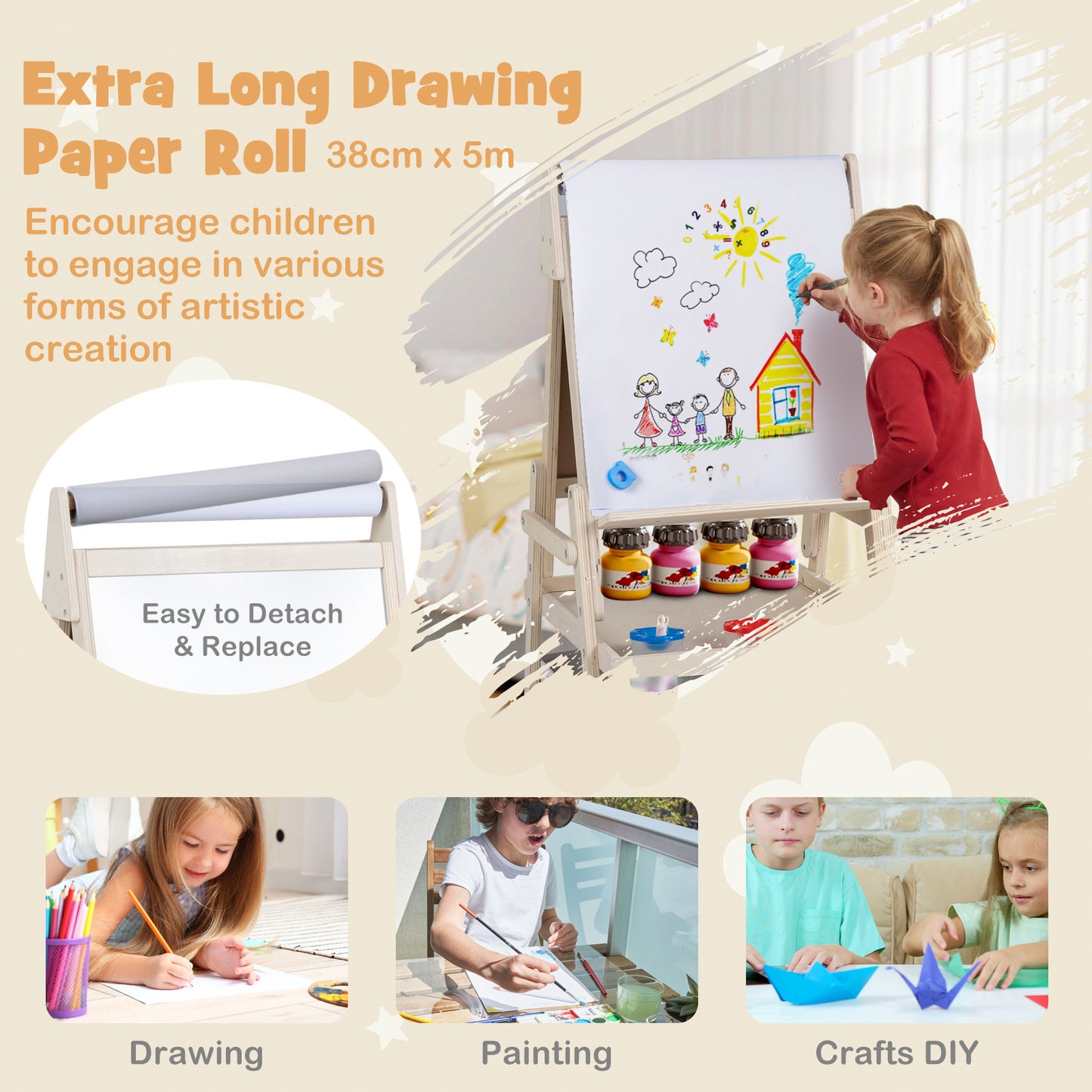 3 In 1 Kids Double Sided Easel | Chalkboard & Whiteboard Natural