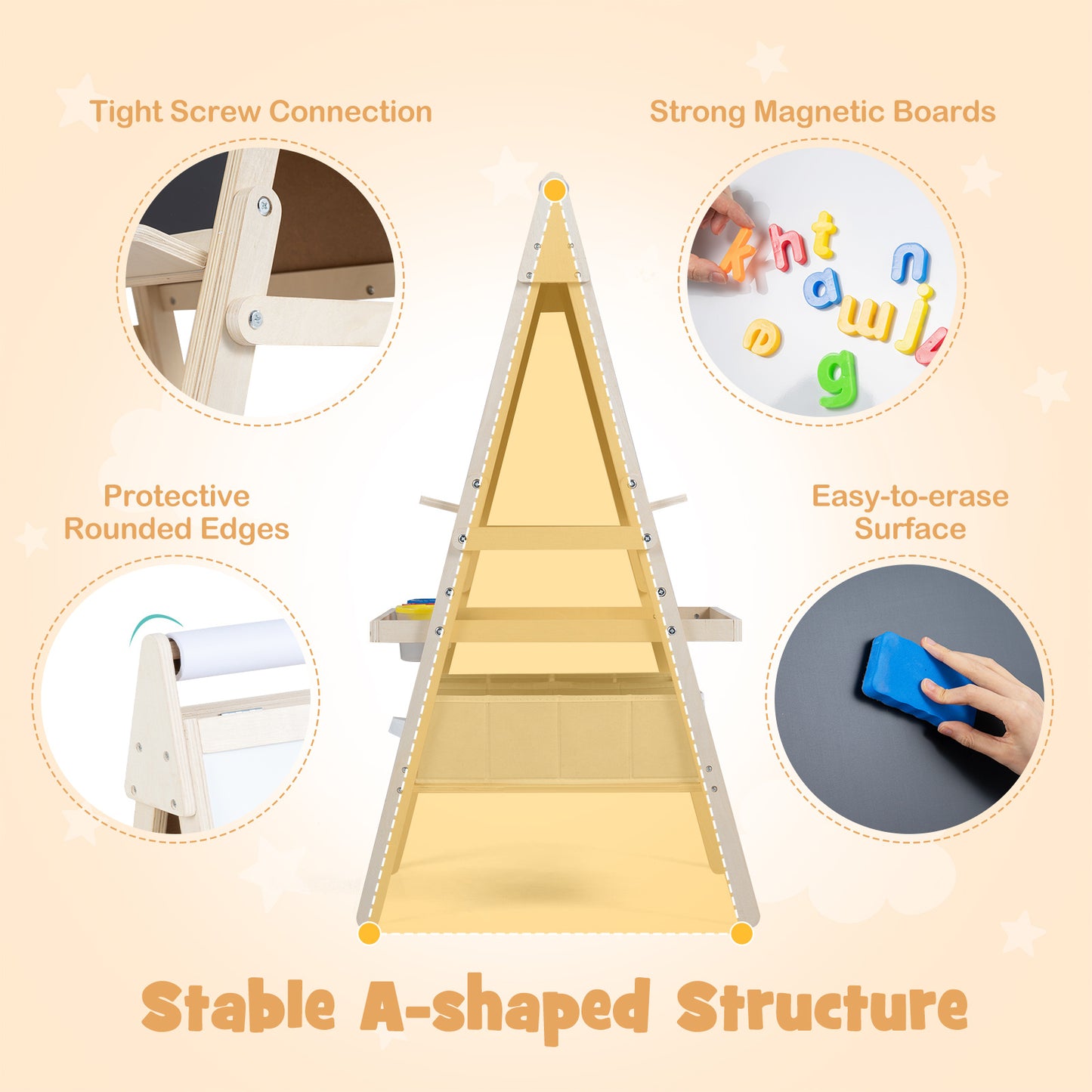 3 In 1 Kids Double Sided Easel | Chalkboard & Whiteboard Natural