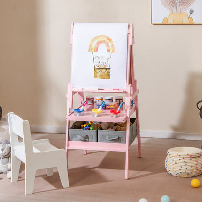 Costway 3-in-1 Kids Standing Double-sided Easel with Magnetic Chalkboard and Whiteboard-Pink