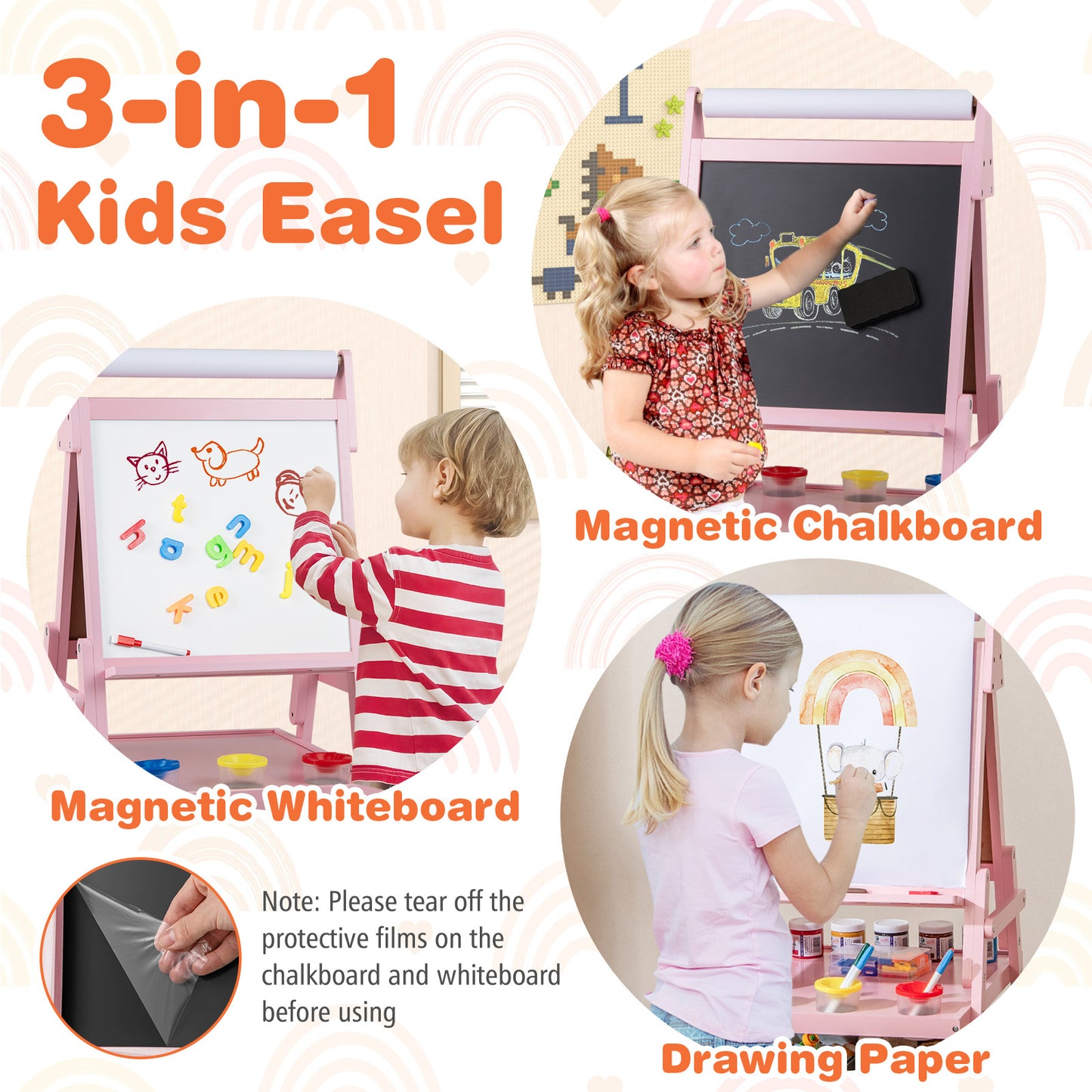 Pink 3-in-1 Kids Double Sided Easel | Chalk & Whiteboard