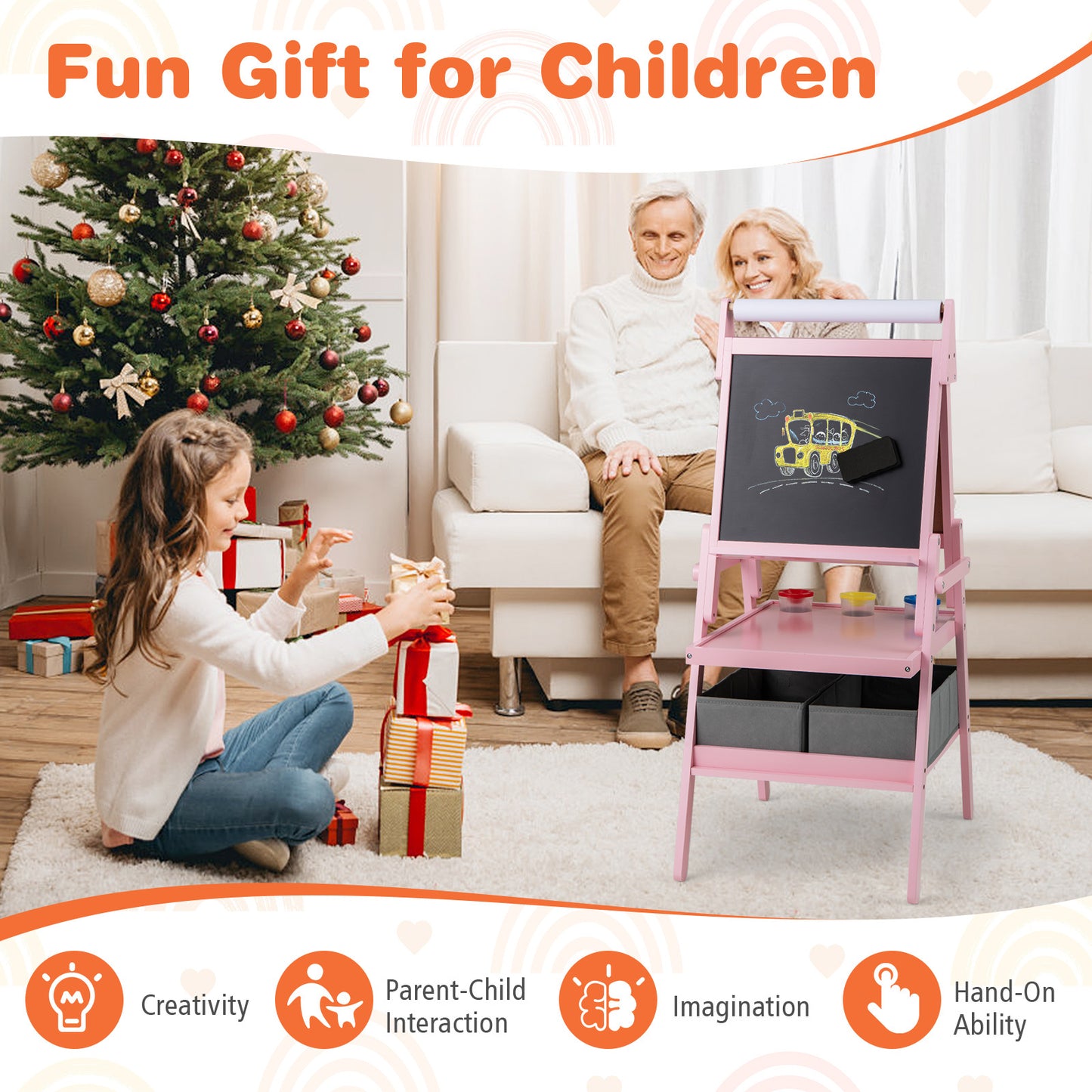 Pink 3-in-1 Kids Double Sided Easel | Chalk & Whiteboard