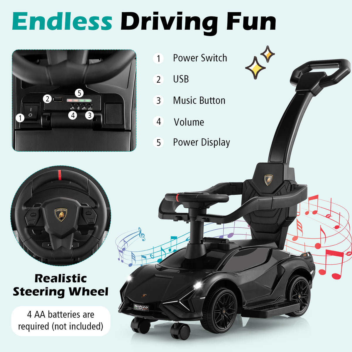 Black Lamborghini 3-In-1 Ride On Push Car | Removable Guardrails
