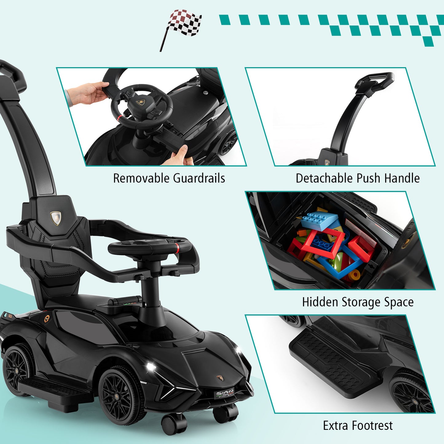Black Lamborghini 3-In-1 Ride On Push Car | Removable Guardrails