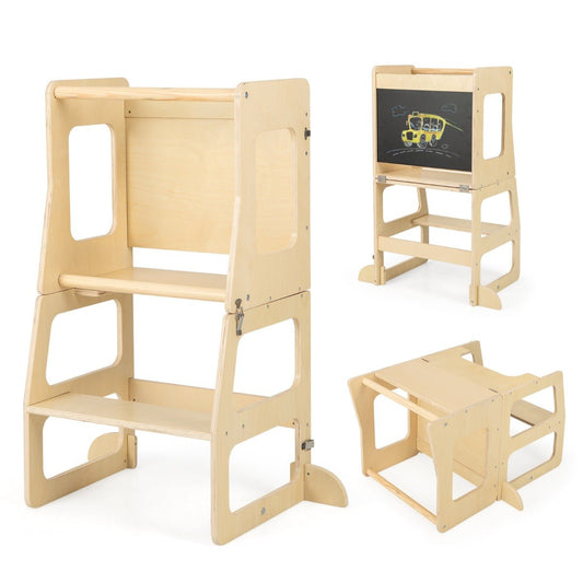 Wooden toddler kitchen tower and step stool for safe learning in the kitchen.