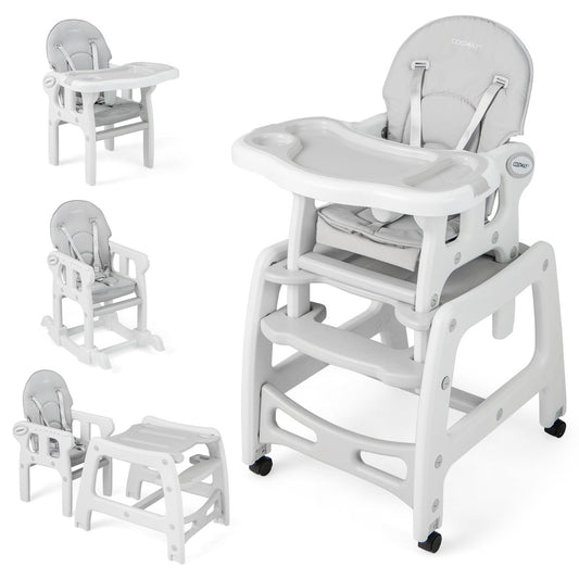 Convertible highchair with adjustable tray for toddlers eating meals at home.