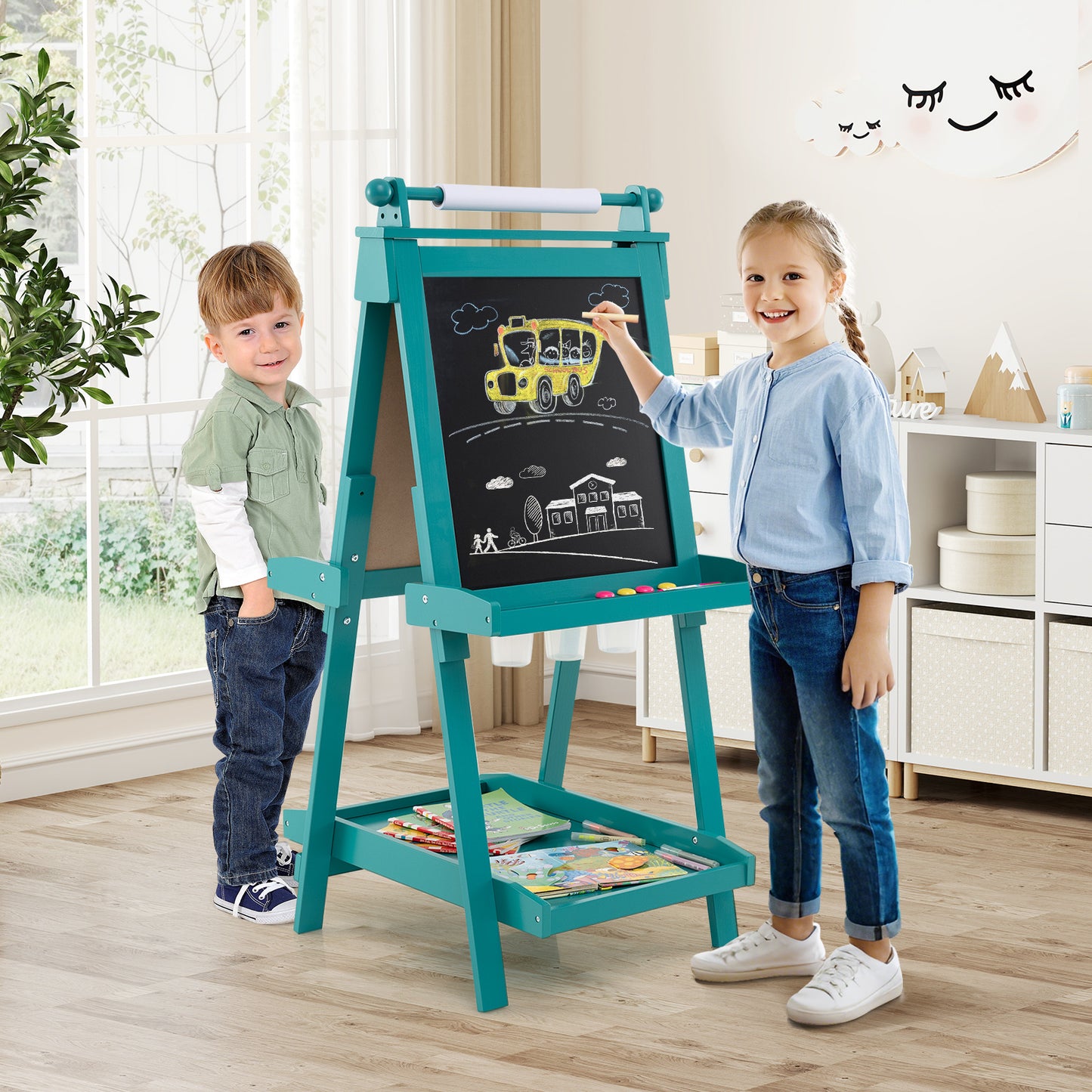 3-in-1 Foldable Double-sided Art Easel with Chalkboard and Whiteboard-Green