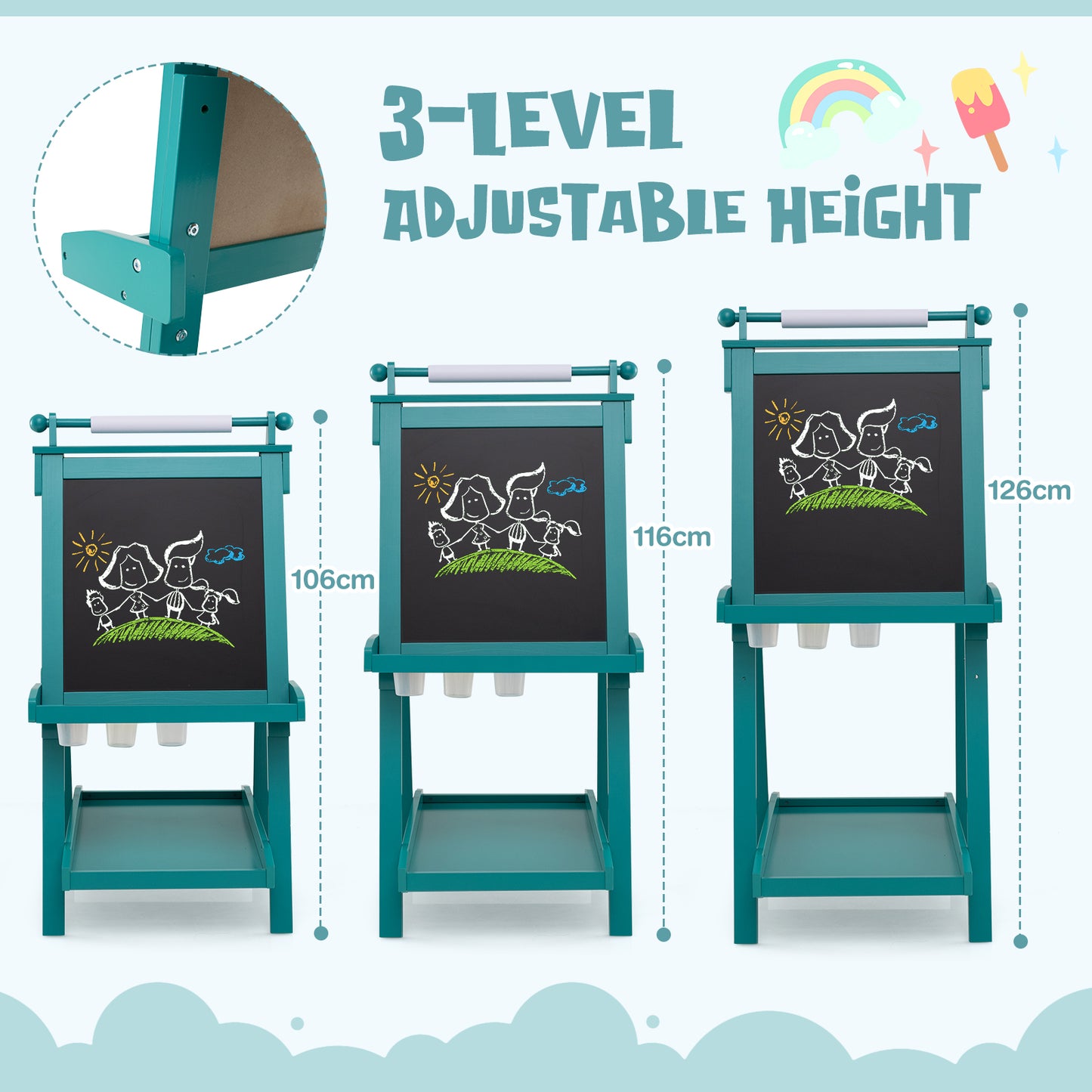 Green 3 In 1 Foldable Double Sided Art Easel | Adjustable Height