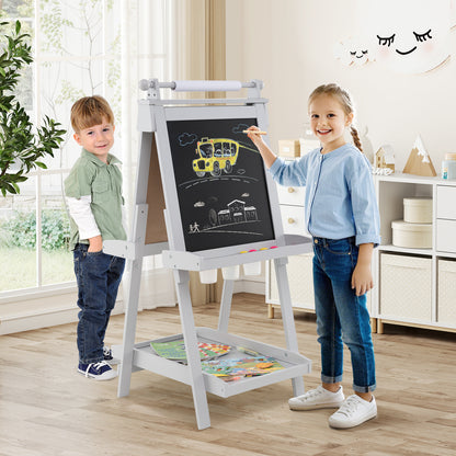 3-in-1 Foldable Double-sided Art Easel with Chalkboard and Whiteboard-Grey