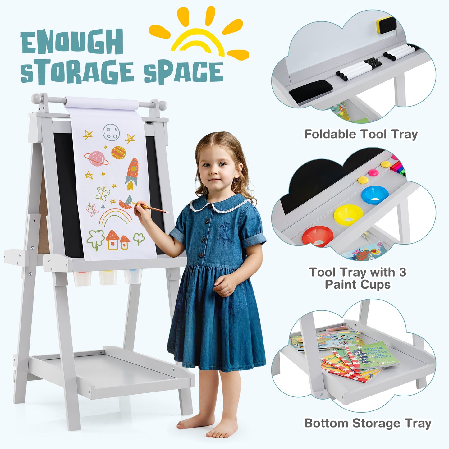 3 in 1 Foldable Kids Art Easel | Chalkboard Whiteboard | Grey